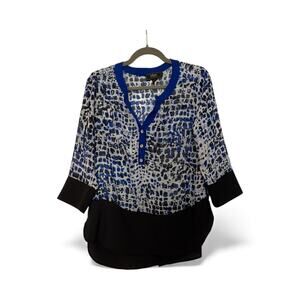 Status by Chenault blue and black patterned blouse in size M.